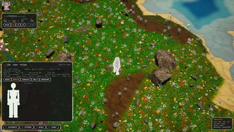 Every colonist has a nickname, a permanent ID and a full health readout.